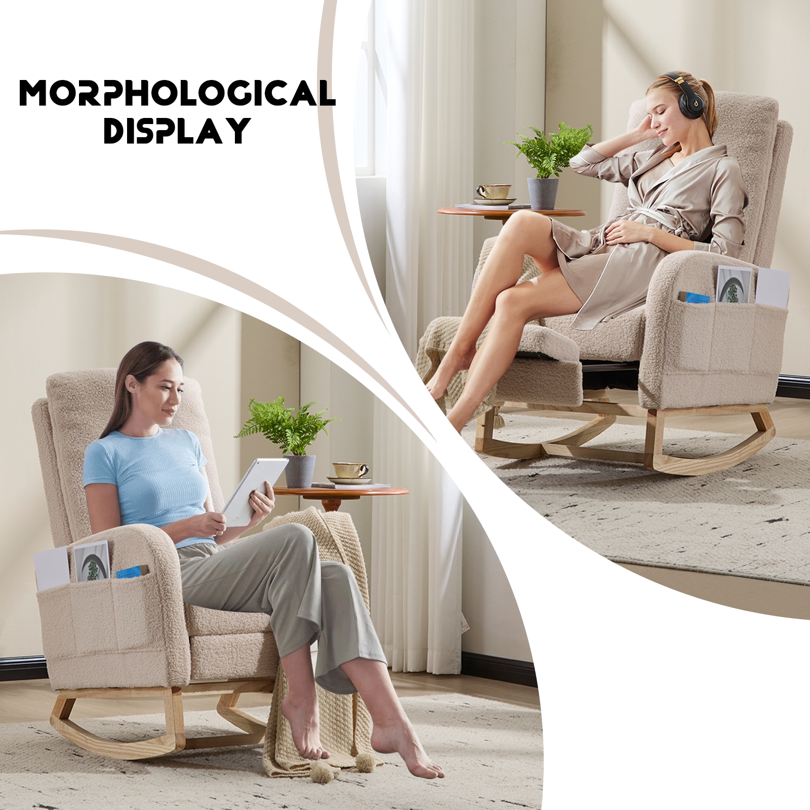 Modern Accent Rocking Chair Rocking Chair With Solid Wood Legs, Upholstered Nursery Glider Rocker, Comfy Armchair With Side Pocket, Living Room Lounge Arm Chair With High Backrest (Beige,teddy)_voghion.com